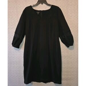 Talbots Black Sheath Dress Balloon Sleeve Crochet Lace Inset Size 12 V-Neck